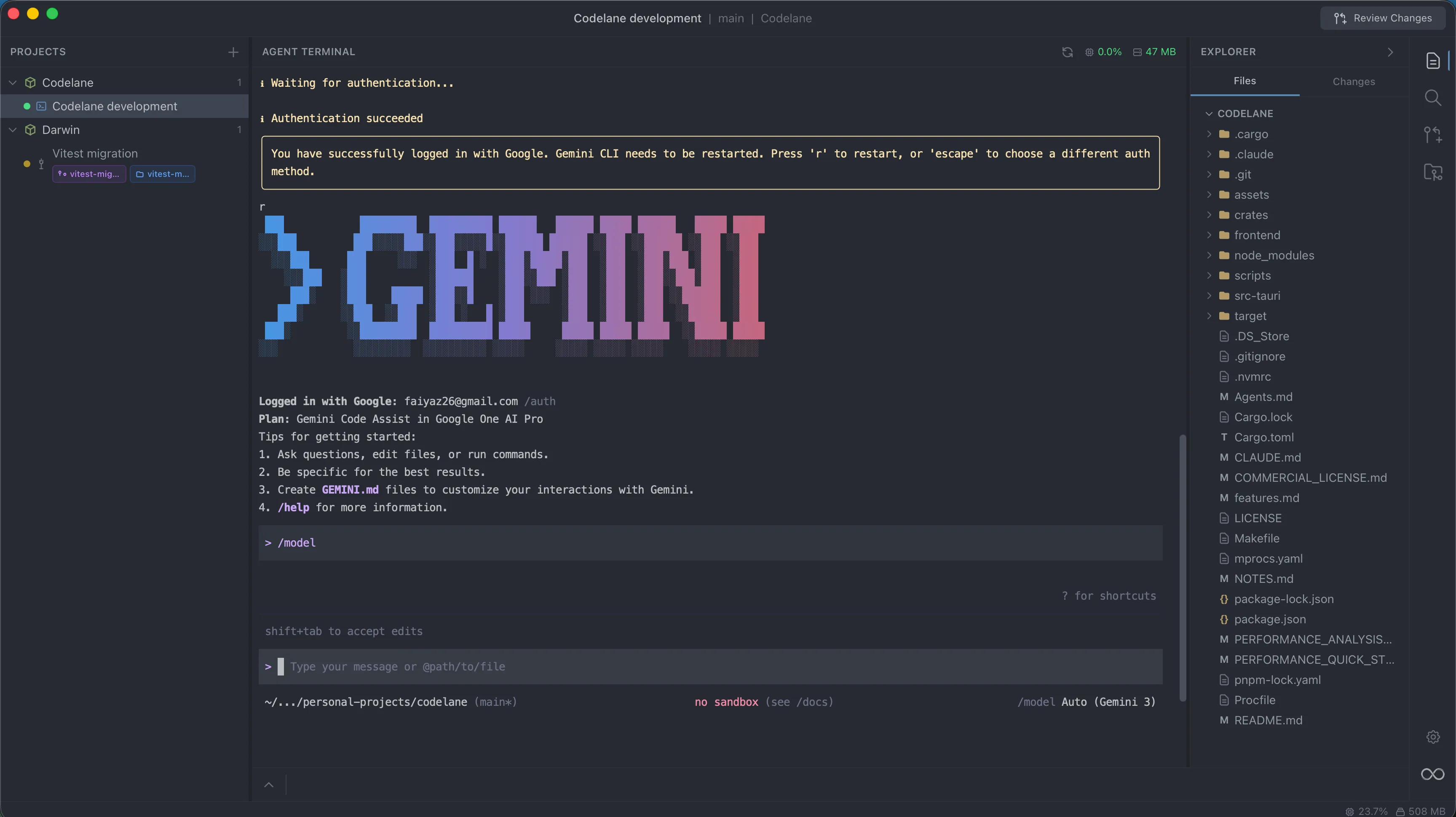 Codelane Agent Terminal Interface